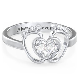 Baby Footprint and Heart Ring with Gemstones in 925 Sterling Silver with Diamond