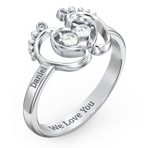 Baby Footprint and Heart Ring with Gemstones – Sterling Silver with Diamond