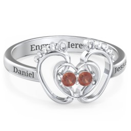 Baby Footprint and Heart Ring with Gemstones in 925 Sterling Silver with Garnet