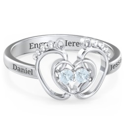 Baby Footprint and Heart Ring with Gemstones in 925 Sterling Silver with Aquamarine