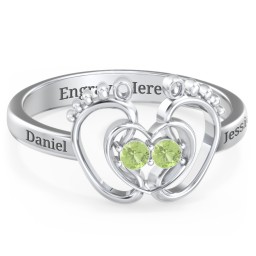 Baby Footprint and Heart Ring with Gemstones in 925 Sterling Silver with Peridot