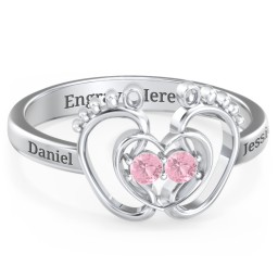 Baby Footprint and Heart Ring with Gemstones in 925 Sterling Silver with Pink Tourmaline
