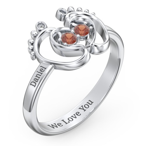 Baby Footprint and Heart Ring with Gemstones – Sterling Silver with Garnet