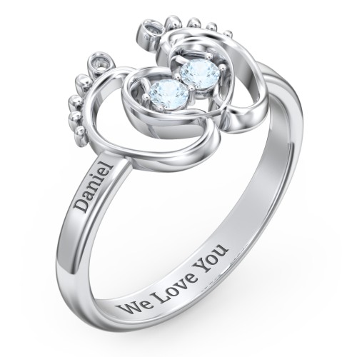 Baby Footprint and Heart Ring with Gemstones – Sterling Silver with Aquamarine