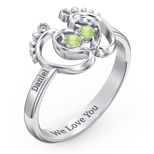Baby Footprint and Heart Ring with Gemstones – Sterling Silver with Peridot