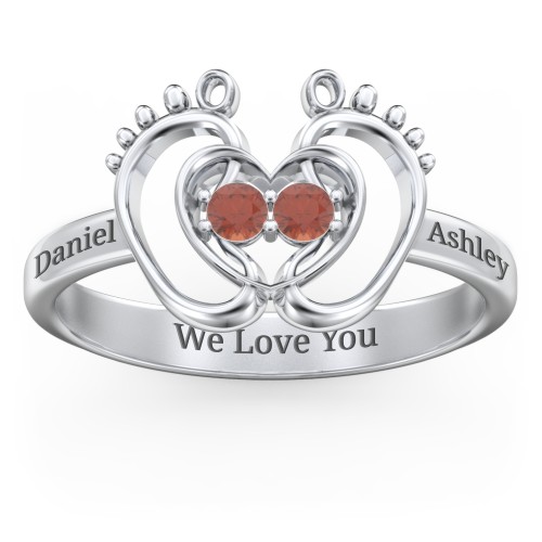 Baby Footprint and Heart Ring with Gemstones – Sterling Silver with Garnet