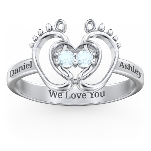 Baby Footprint and Heart Ring with Gemstones – Sterling Silver with Aquamarine