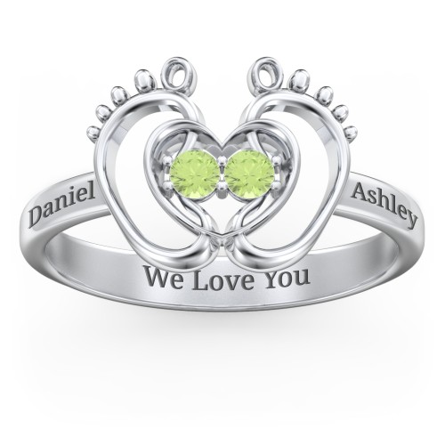 Baby Footprint and Heart Ring with Gemstones – Sterling Silver with Peridot