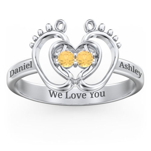 Baby Footprint and Heart Ring with Gemstones – Sterling Silver with Citrine