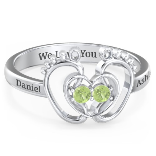 Baby Footprint and Heart Ring with Gemstones – Sterling Silver with Peridot