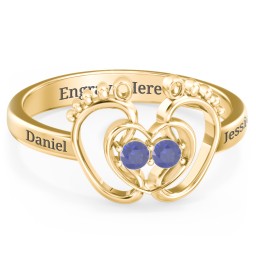 Baby Footprint and Heart Ring with Gemstones in 10K Solid Yellow Gold with Blue Sapphire