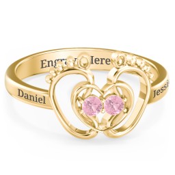 Baby Footprint and Heart Ring with Gemstones in 10K Solid Yellow Gold with Pink Tourmaline