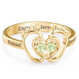 Baby Footprint and Heart Ring with Gemstones in 10K Solid Yellow Gold with Peridot