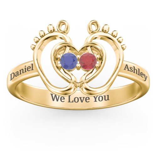 Baby Footprint and Heart Ring with Gemstones – 10K Yellow Gold with Blue Sapphire and Garnet