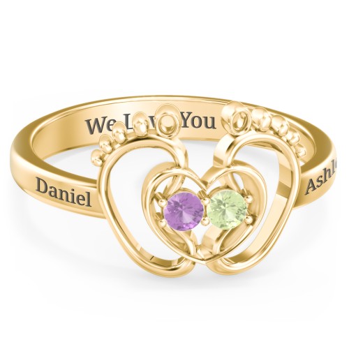Baby Footprint and Heart Ring with Gemstones – 10K Yellow Gold with Amethyst and Peridot