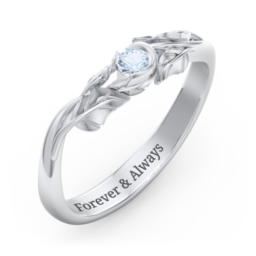 Solitaire Leaf Band Ring – Sterling Silver with Aquamarine