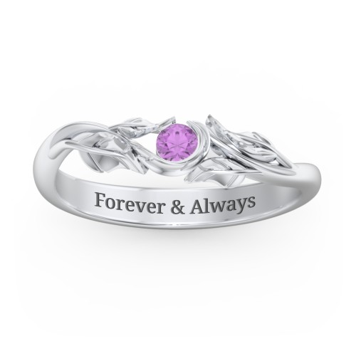 Solitaire Leaf Band Ring – Sterling Silver with Amethyst