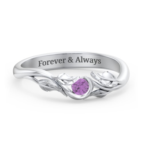 Solitaire Leaf Band Ring – Sterling Silver with Amethyst