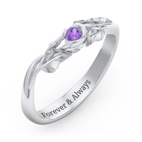Solitaire Leaf Band Ring – Sterling Silver with Amethyst