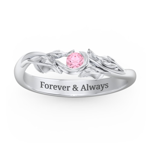 Solitaire Leaf Band Ring – Sterling Silver with Pink Tourmaline