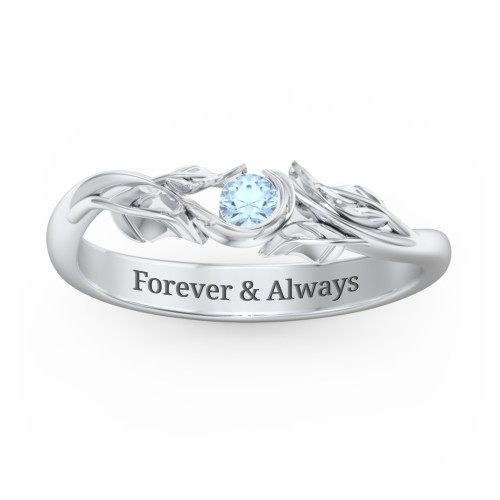 Solitaire Leaf Band Ring – Sterling Silver with Blue Topaz
