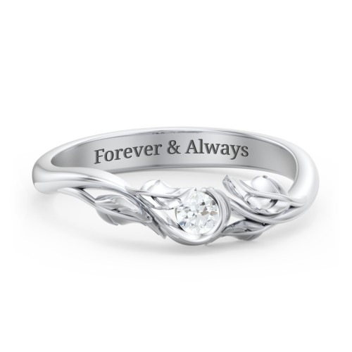 Solitaire Leaf Band Ring – Sterling Silver with Diamond