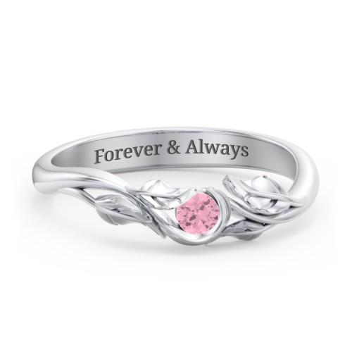 Solitaire Leaf Band Ring – Sterling Silver with Pink Tourmaline