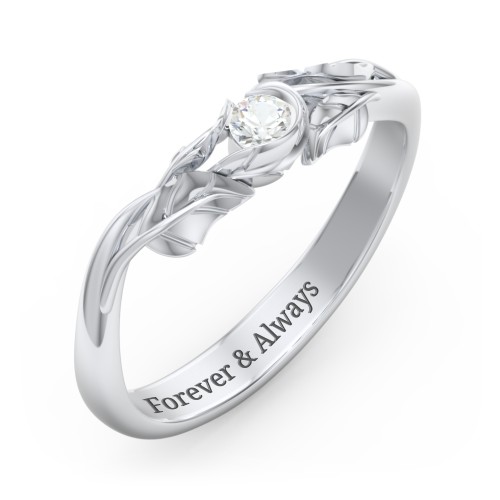 Solitaire Leaf Band Ring – 10K White Gold with Cubic Zirconia