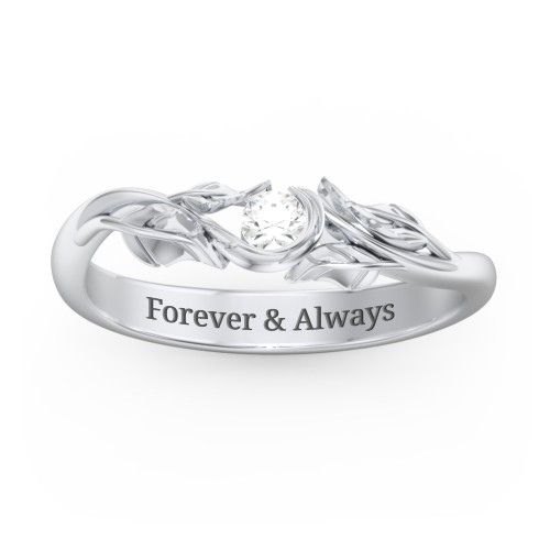 Solitaire Leaf Band Ring – 10K White Gold with Cubic Zirconia