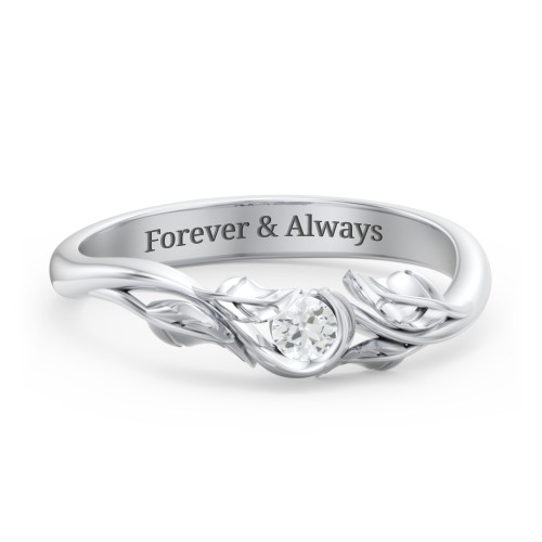 Solitaire Leaf Band Ring – 10K White Gold with Cubic Zirconia