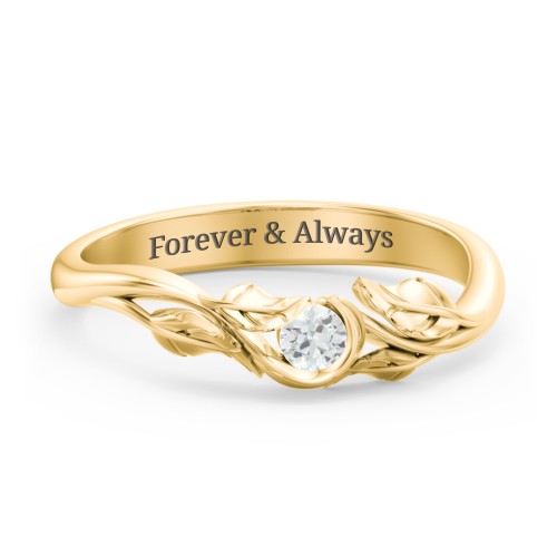 Solitaire Leaf Band Ring – 10K Yellow Gold with Cubic Zirconia