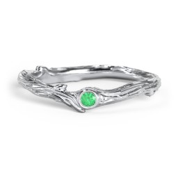 Organic Twig Textured Band with Gemstone in 925 Sterling Silver with Emerald