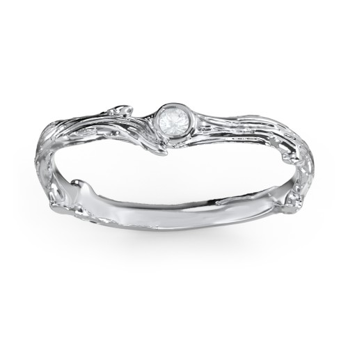 Organic Twig Textured Band with Gemstone – Sterling Silver with Aquamarine