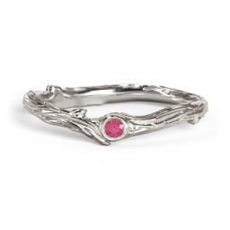 Organic Twig Textured Band with Gemstone in 10K Solid White Gold with Ruby