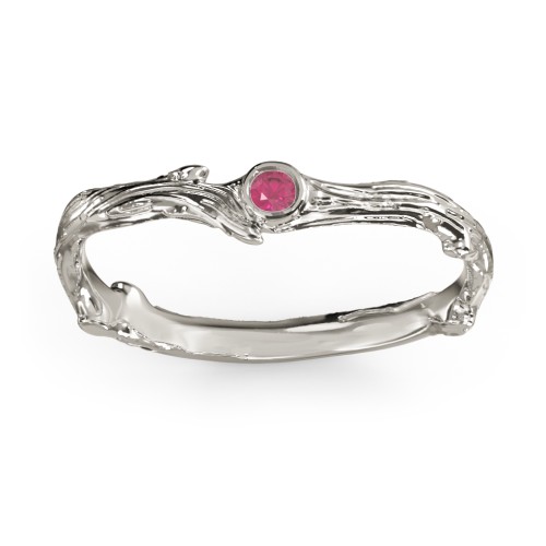 Organic Twig Textured Band with Gemstone – 10K White Gold with Ruby