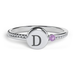 Engravable Disc Ring with Gemstone and Beaded Band