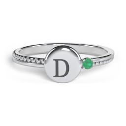 Engravable Disc Ring with Gemstone and Beaded Band