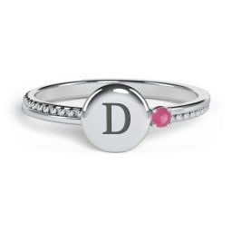 Engravable Disc Ring with Gemstone and Beaded Band