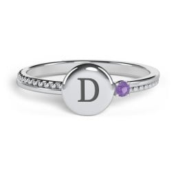 Engravable Disc Ring with Gemstone and Beaded Band