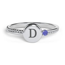 Engravable Disc Ring with Gemstone and Beaded Band
