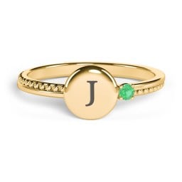 Engravable Disc Ring with Gemstone and Beaded Band