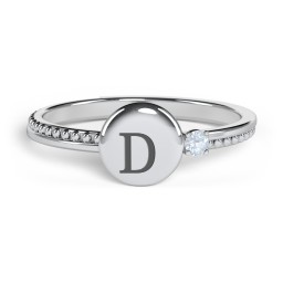 Engravable Disc Ring with Gemstone and Beaded Band in 925 Sterling Silver with Aquamarine