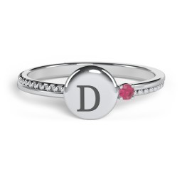 Engravable Disc Ring with Gemstone and Beaded Band in 925 Sterling Silver with Ruby