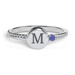 Engravable Disc Ring with Gemstone and Beaded Band