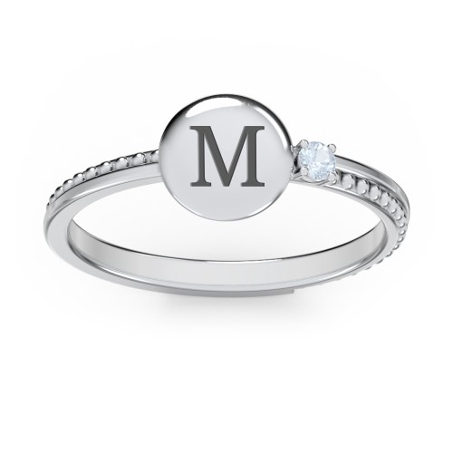 Engravable Disc Ring with Gemstone and Beaded Band – Sterling Silver with Aquamarine