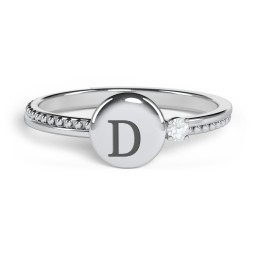 Engravable Disc Ring with Gemstone and Beaded Band in 925 Sterling Silver with Aquamarine