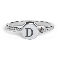Engravable Disc Ring with Gemstone and Beaded Band in 925 Sterling Silver with Smokey Quartz