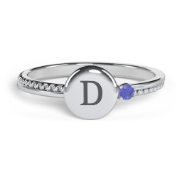 Engravable Disc Ring with Gemstone and Beaded Band in 925 Sterling Silver with Blue Sapphire