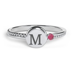 Engravable Disc Ring with Gemstone and Beaded Band in 925 Sterling Silver with Ruby