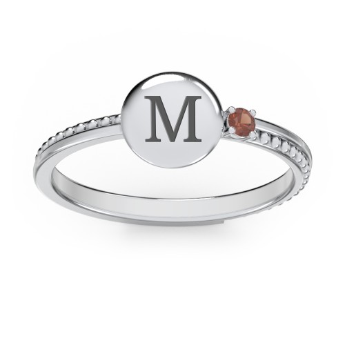Engravable Disc Ring with Gemstone and Beaded Band – Sterling Silver with Garnet
